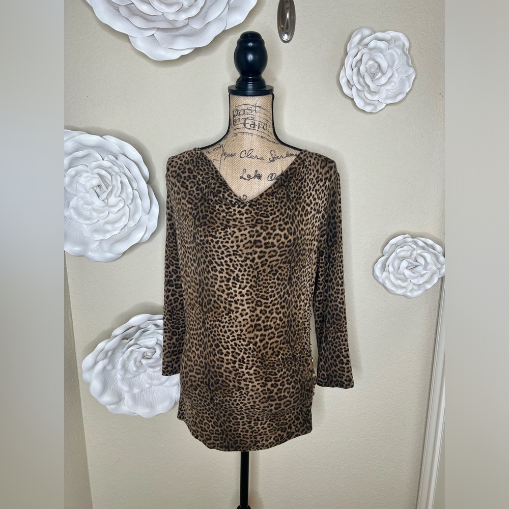 MICHAEL Michael Kors Brown & Tan Cowl Neckline Ruched Leopard Print Top Sz L